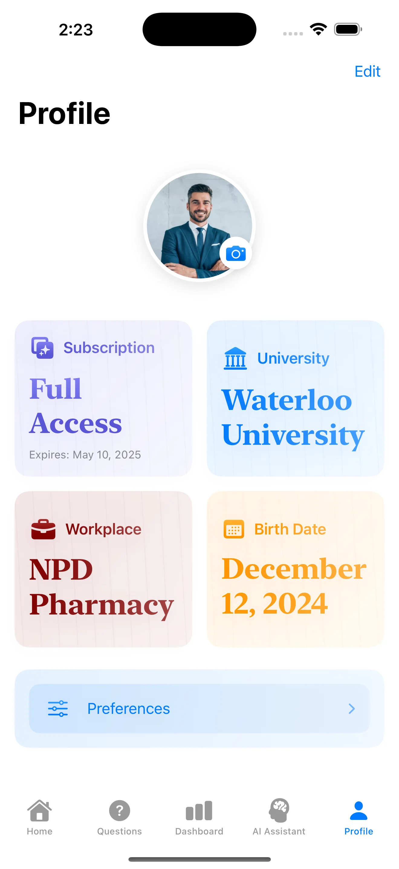passEE app settings and personal preferences for PEBC Evaluating Exam preparation including subscription management and study preferences