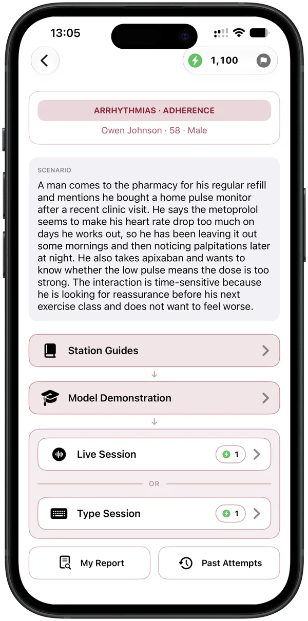 OSCE station options screen